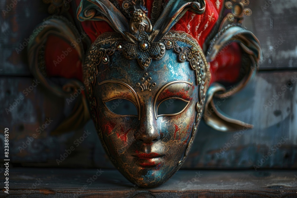 Close up of a mask on a shelf, perfect for Halloween decorations Close up of a mask on a shelf, perfect for Halloween decorations
