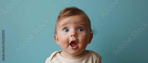 Baby with a surprised expression isolated on a solid pastel blue background