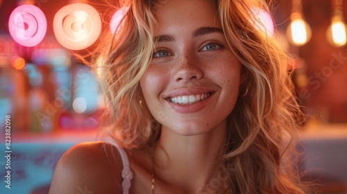 Close-up of an attractive smiling woman with natural makeup in a colorful neon environment