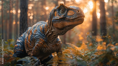 Lifelike dinosaur CGI standing among ferns in a sun-dappled forest conveys history and adventure © familymedia