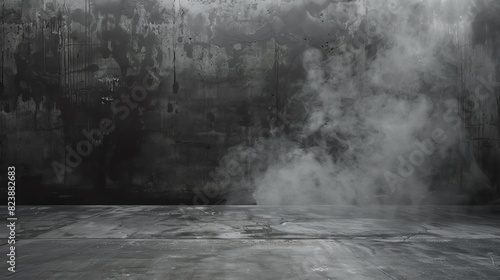 background of dull black tiles and walls with white smoke photo