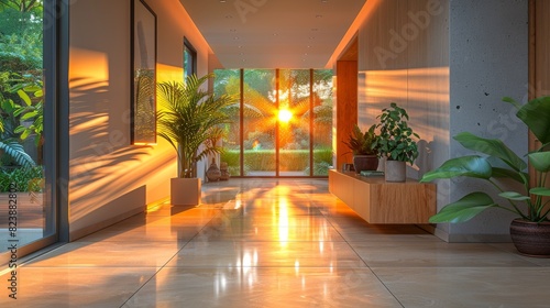 Sunset beams stream through large windows in a modern home s hallway with lush plants and sleek design