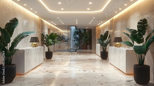 Hotel entrance lobby with polished marble floors, modern furniture and indoor greenery photo