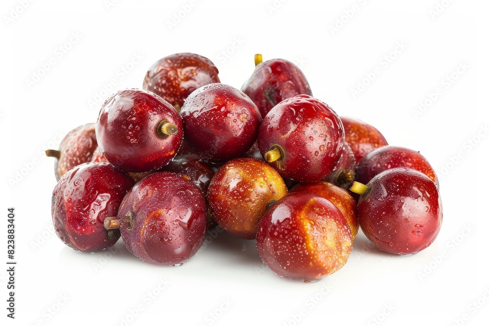 Obraz premium Wide-angle view showcasing a cluster of ripe jujube fruits, oil painting style, rich and vivid colors, white isolated background emphasizing the fruits details