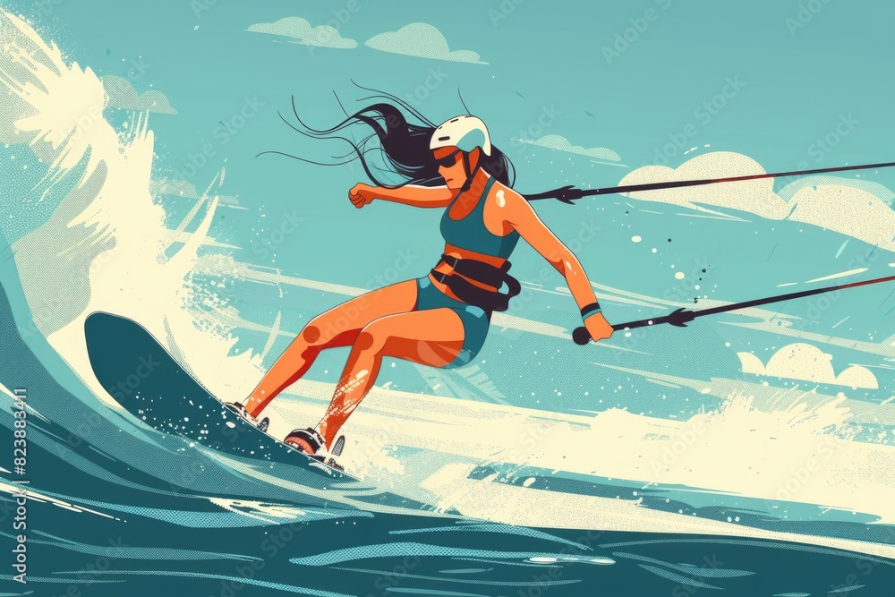 A woman riding a surfboard on top of a wave. Perfect for travel or sports related designs A woman riding a surfboard on top of a wave. Perfect for travel or sports related designs