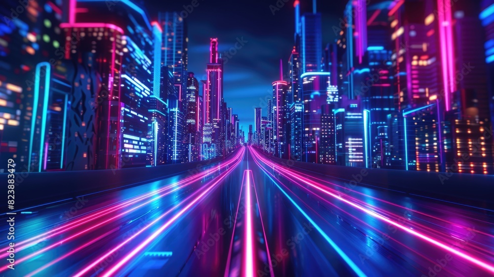 Urban cityscape with vibrant neon lights, perfect for modern city concepts