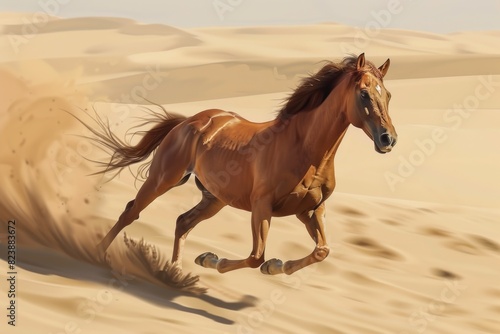 A majestic brown horse galloping across sandy dunes. Suitable for outdoor and nature-themed projects