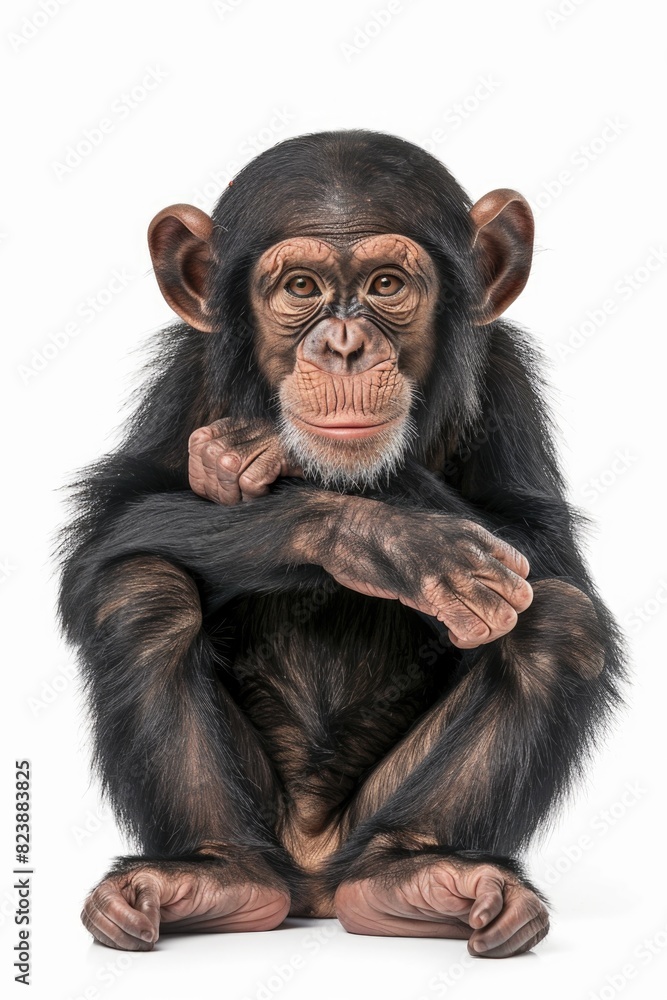 Fototapeta premium A young chimpanzee sitting on a white surface. Suitable for various educational materials