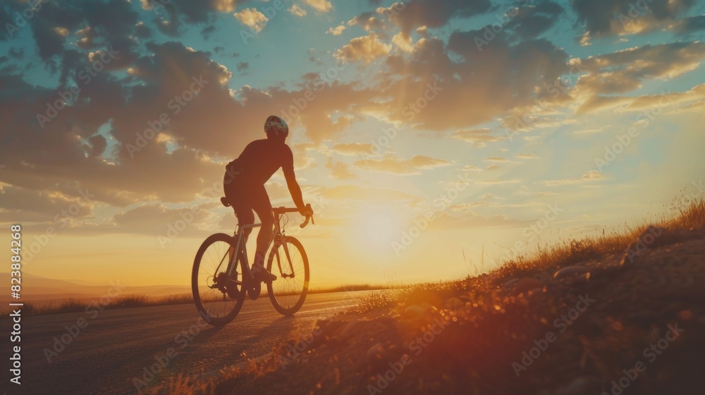 Fototapeta premium A man riding a bike down a road at sunset. Perfect for outdoor activities