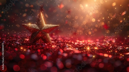 Party Concept Golden star and glitter light on the red stage, award ceremony concept background