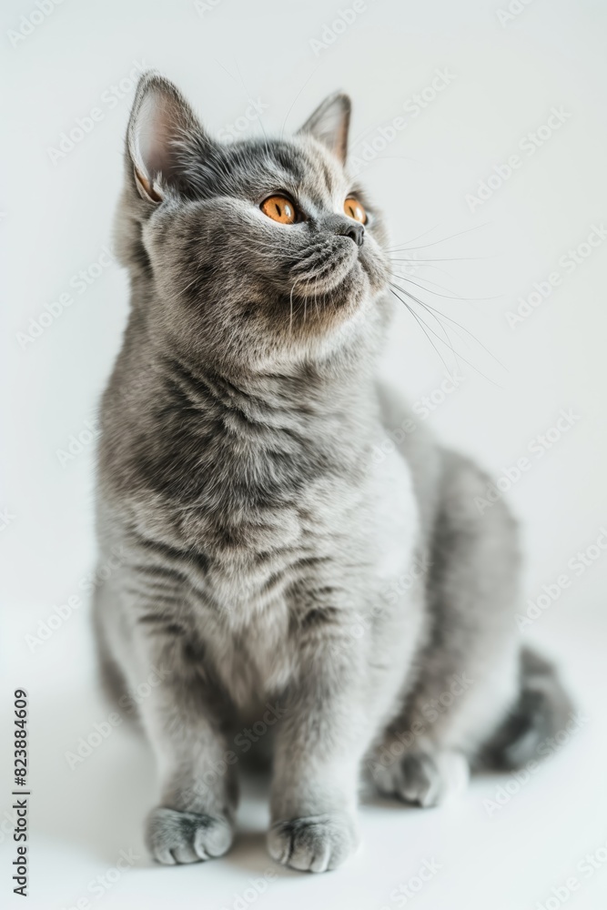 Obraz premium A grey cat with yellow eyes is sitting on a white surface