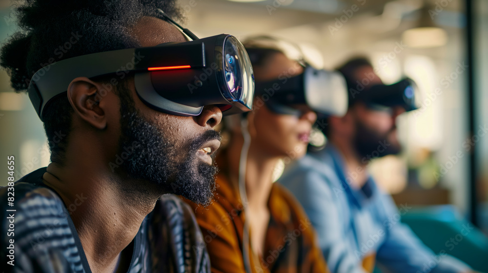 Banner with a group of professionals using VR technology for work tasks, indicating the integration of advanced tools into modern workspaces.