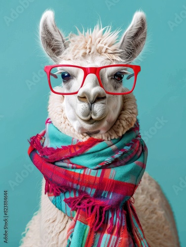 A white llama with a colorful scarf and red glasses on a turquoise background.