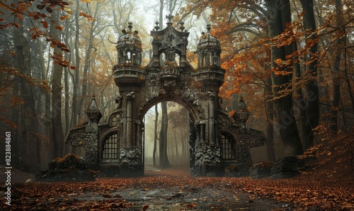 An old castle gate in the middle of an autumn forest with wet road and leaves on the ground