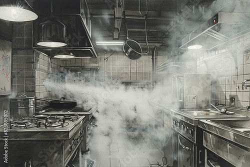 A kitchen filled with smoke, caution advised photo