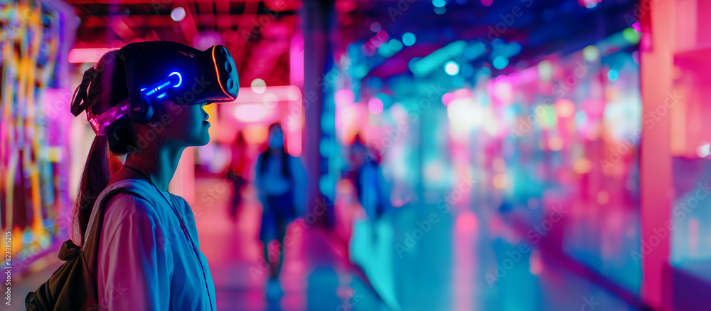 Web banner with a young woman participating in a VR adventure, the futuristic atmosphere of the city highlights the thrill and excitement of modern virtual reality technology Web banner with a young woman participating in a VR adventure, the futuristic atmosphere of the city highlights the thrill and excitement of modern virtual reality technology