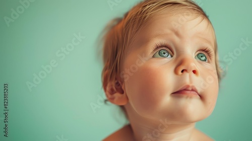 An inquisitive infant gazes upwards against a serene pastel green backdrop photo