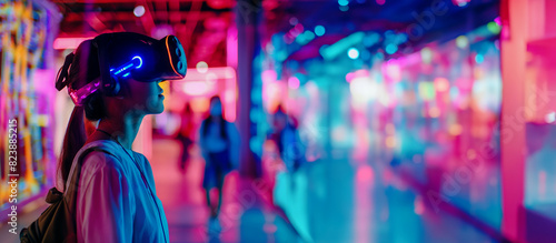 Web banner with a young woman participating in a VR adventure, the futuristic atmosphere of the city highlights the thrill and excitement of modern virtual reality technology
