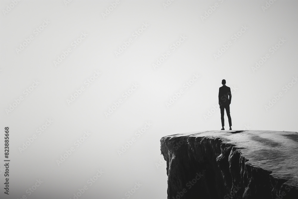 Businessman standing alone on a cliff edge looking out at the world below contemplating his next move Businessman standing alone on a cliff edge looking out at the world below contemplating his next move