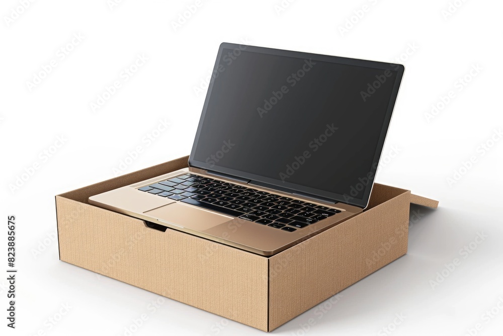 Fototapeta premium A laptop placed inside a cardboard box on a white surface. Ideal for technology or delivery concepts
