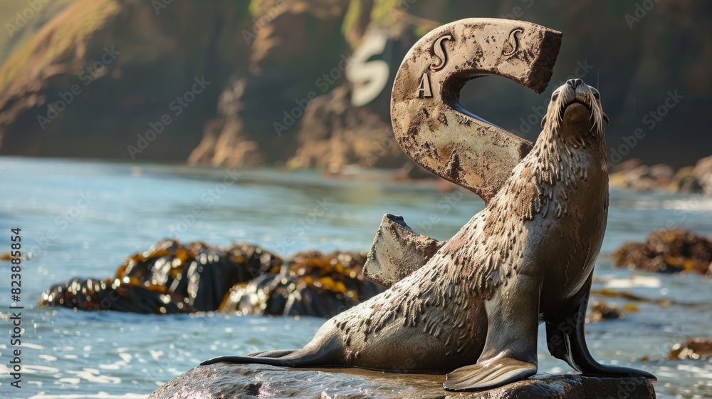 A seal is sitting in front of the letter S A seal is sitting in front of the letter S
