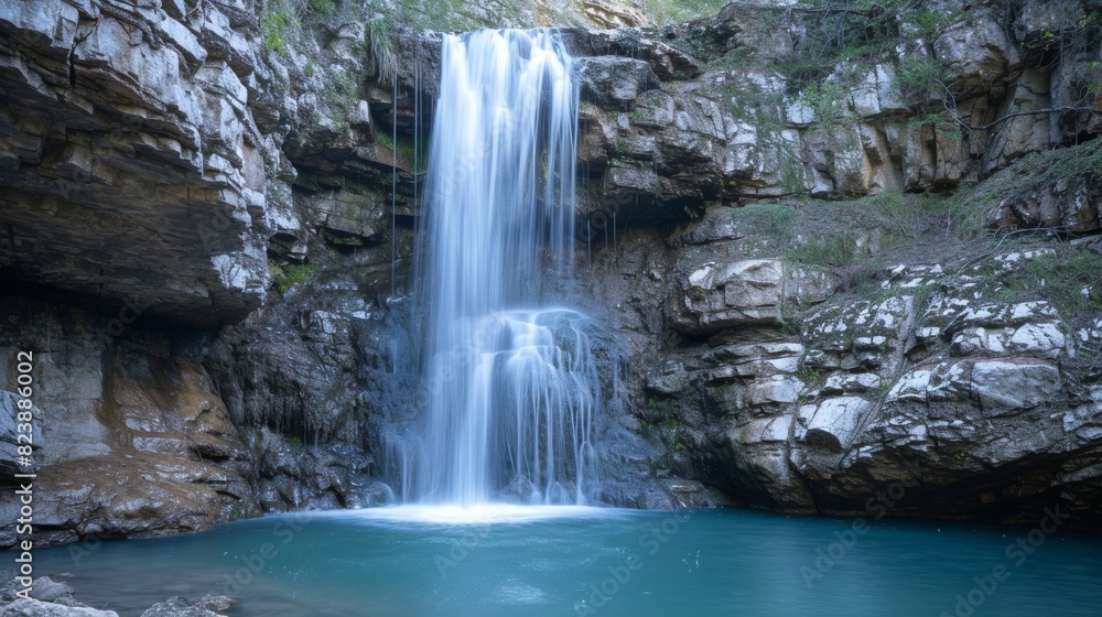 A stunning secluded waterfall flows powerfully into a turquoise pool within a rugged, rocky canyon, showcasing dramatic natural beauty. A stunning secluded waterfall flows powerfully into a turquoise pool within a rugged, rocky canyon, showcasing dramatic natural beauty.