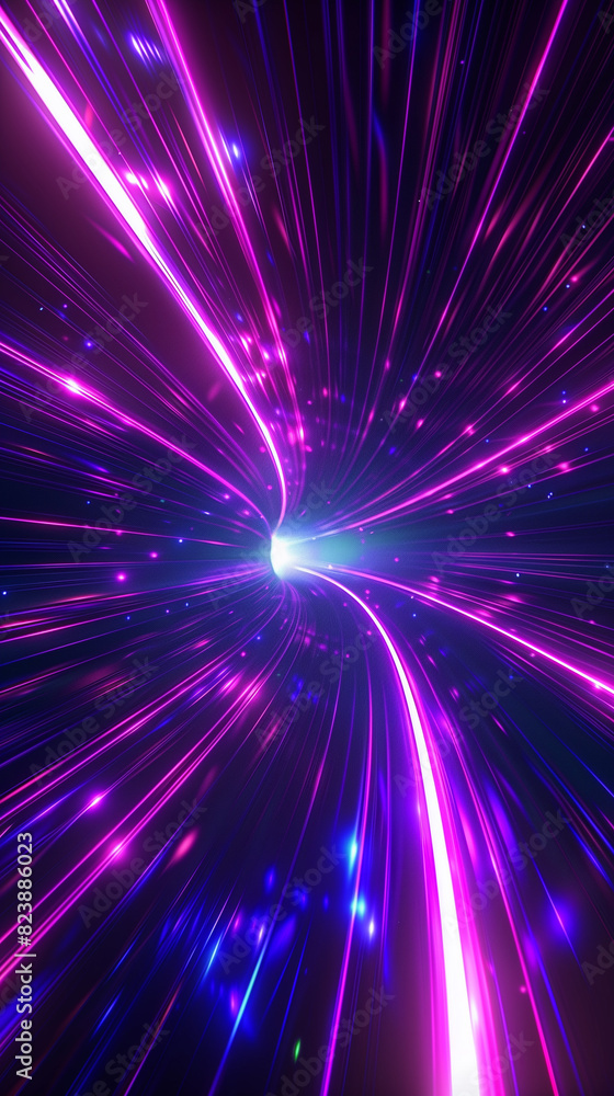 Blue purple light line through dark background, hyper speed warp in space. 3d Render illustration Blue purple light line through dark background, hyper speed warp in space. 3d Render illustration
