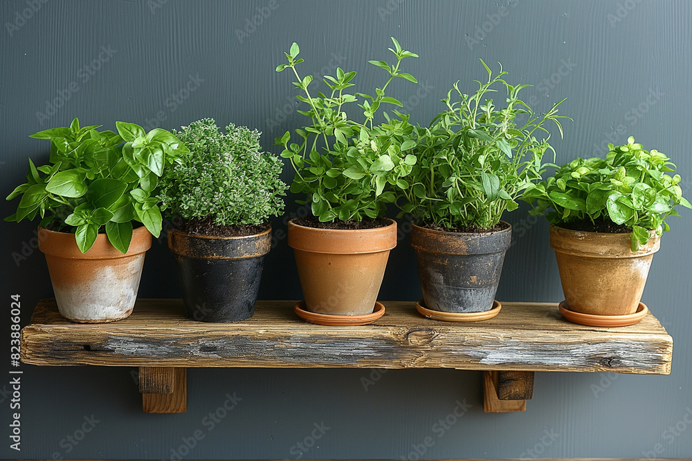 A DIY herb garden mounted on a kitchen wall, with small pots neatly arranged and labeled, providing fresh herbs and a decorative touch.