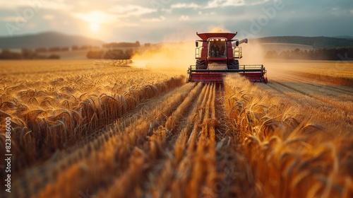 A combine harvesting wheat in a field during the picturesque golden hour, with dust in the air photo
