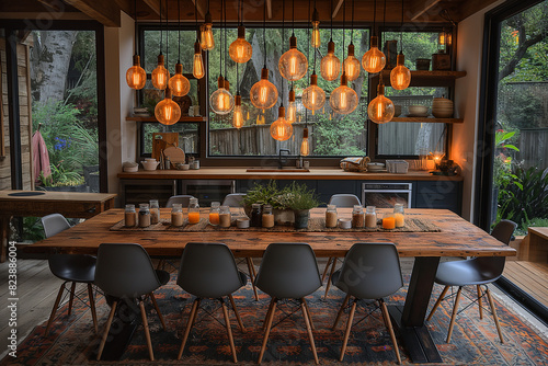 A DIY chandelier made from mason jars  hanging above a rustic dining table  casting a warm and inviting glow over the space.