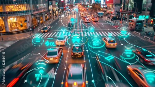 High-tech cityscape showing cars overlaid with digital data on a bustling urban street at night, symbolizing smart city technology and autonomous vehicles.