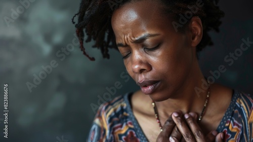 A woman standing with her hands clasped to her chest. Suitable for various concepts