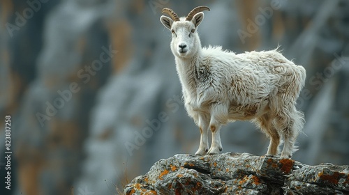 Mountain White Goat Standing Alone on Rocky Ledge, To provide an exciting and nature enthusiasts photo