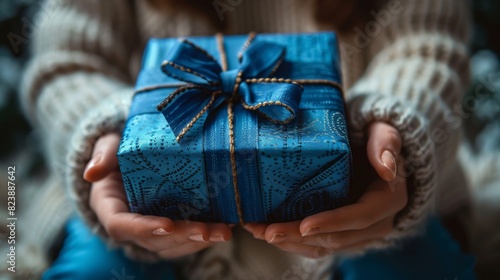 A close-up of a person's hands presenting a beautifully gift-wrapped blue box with a golden ribbon