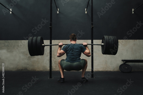 Unrecognizable athlete squatting while lifting barbell behind back photo