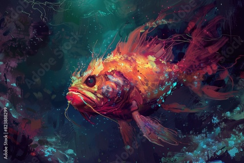 A vibrant painting of a fish swimming in clear water. Suitable for aquatic themes