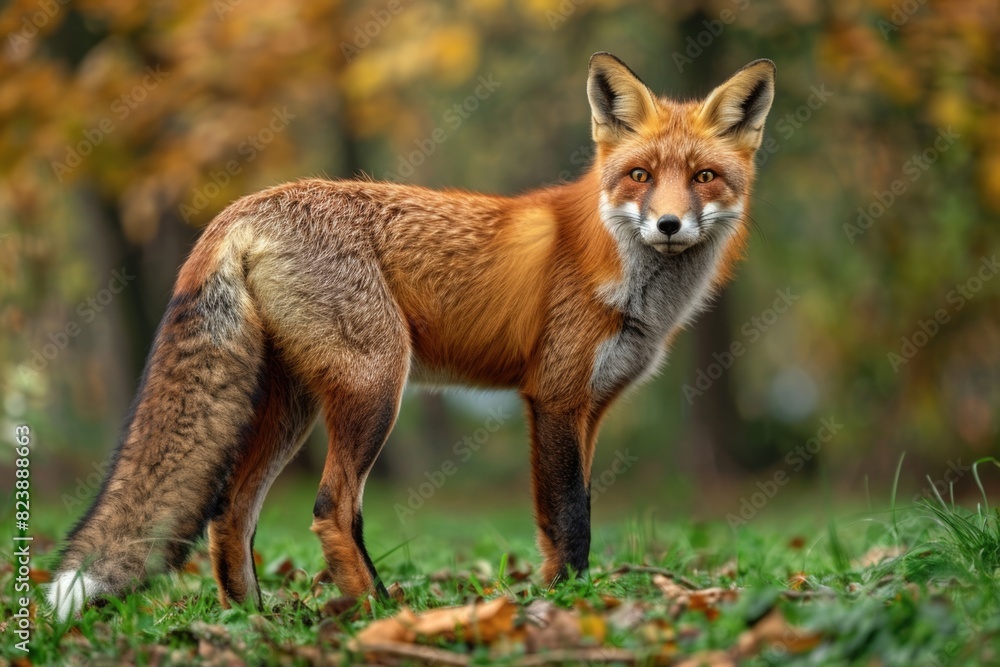 Fototapeta premium A red fox standing in a grassy field. Suitable for wildlife and nature themes