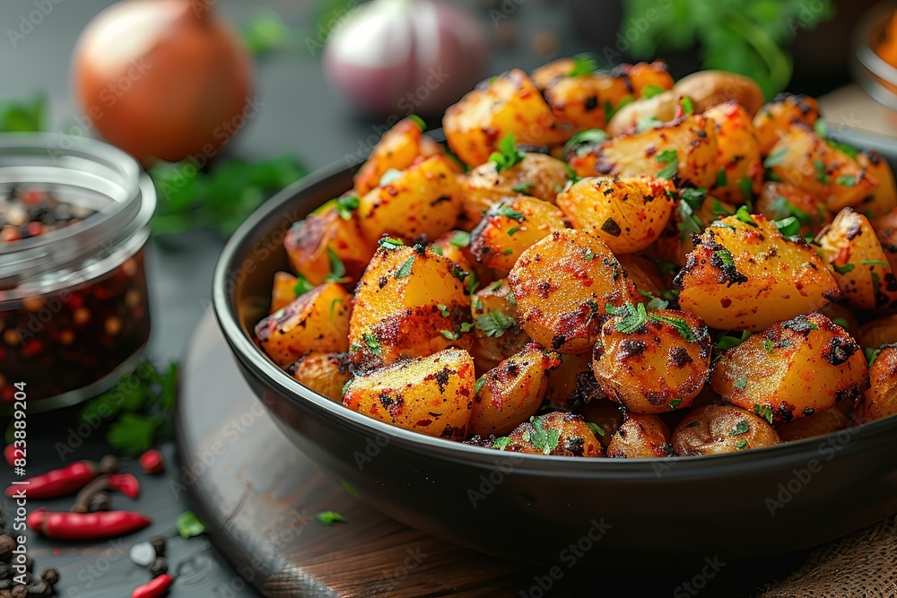 A bowl of spiced potatoes with Indian spices, placed on the table in front view A bowl of spiced potatoes with Indian spices, placed on the table in front view