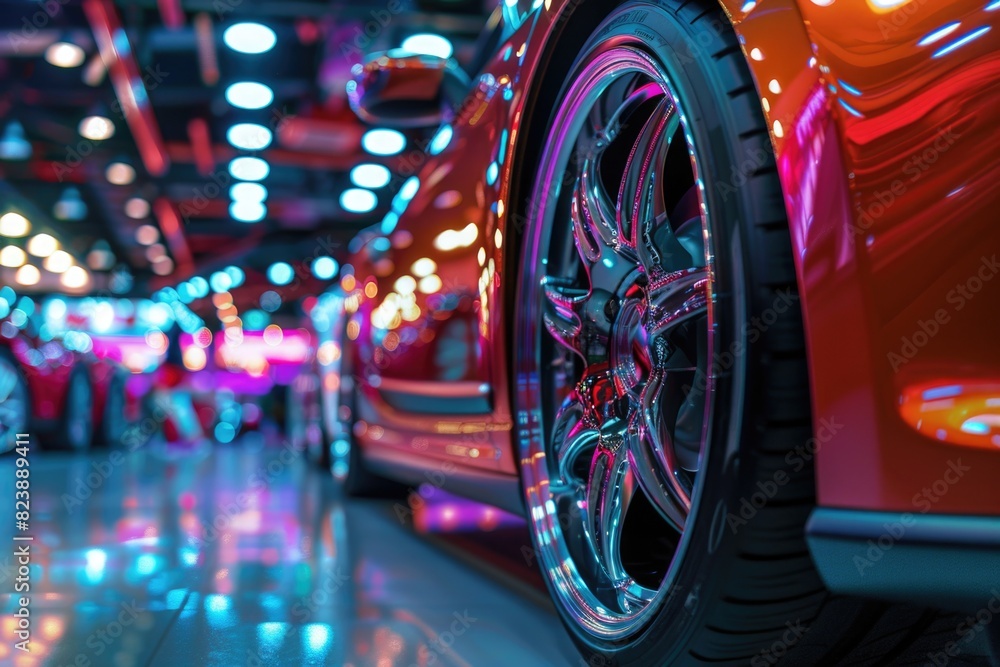 A close up of a red car in a showroom. Ideal for automotive industry promotions