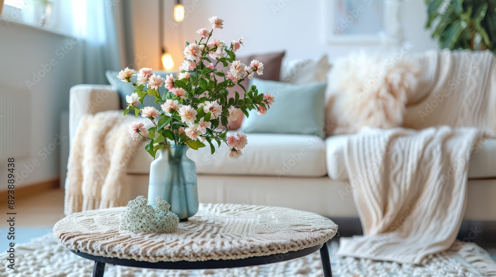 A vase of flowers sits on a coffee table in a living room A vase of flowers sits on a coffee table in a living room
