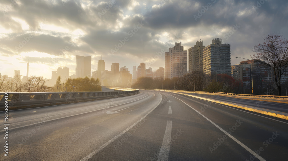 Fototapeta premium curved asphalt highway road and city skyline afternoon light.