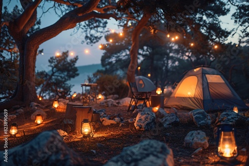 Camping in the Forest by the Lake in the Evening, Yellow Tent, Natural Beauty, Mental Joy