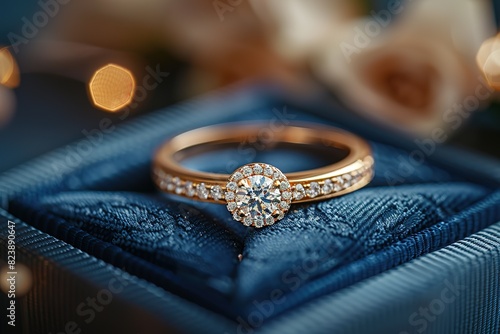 A gold and diamond ring is set in a blue box