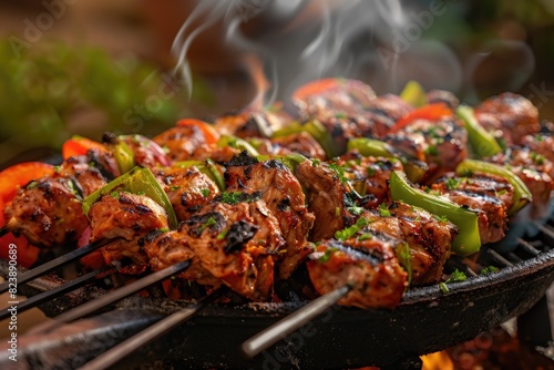 Close up of a grill with meat and vegetables, perfect for food and cooking concepts