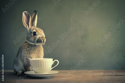 A cute rabbit sitting next to a cup on a table. Perfect for animal lovers or coffee enthusiasts
