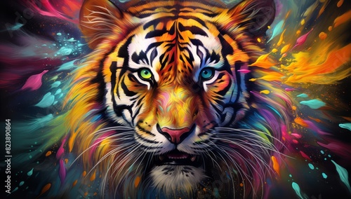 Dynamic Splendor Tiger's Portrait Amidst Color Powder Burst