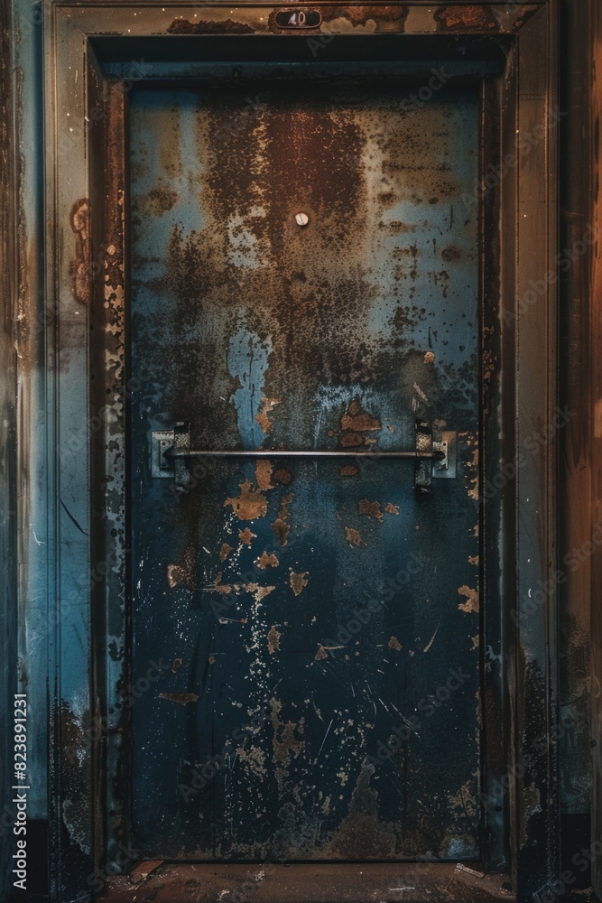An image of a door with a rusted metal frame in an old building. Suitable for architectural and urban exploration themes An image of a door with a rusted metal frame in an old building. Suitable for architectural and urban exploration themes