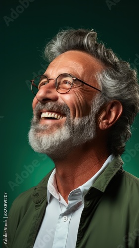 An elderly man with gray hair and glasses smiles joyously against a green background His expression is one of happiness and contentment