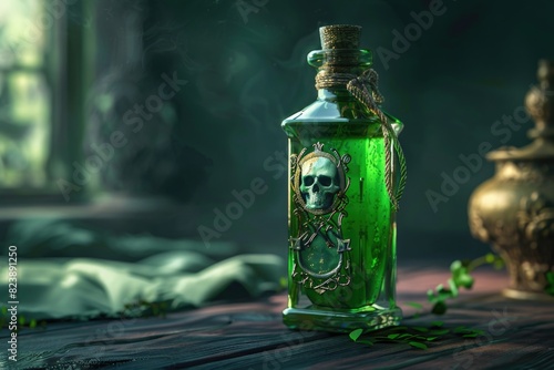 A green bottle with a skull on it, perfect for Halloween-themed designs © Fotograf