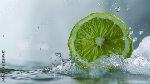 green lemon falls into the water  white background